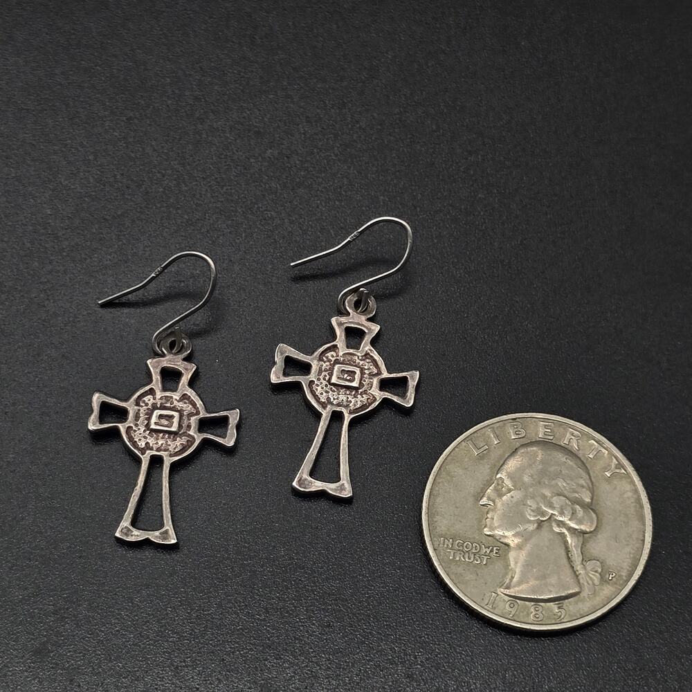 Sterling SIlver Cross Earrings Dangle Drop Pierced 925 - Picture 6 of 10